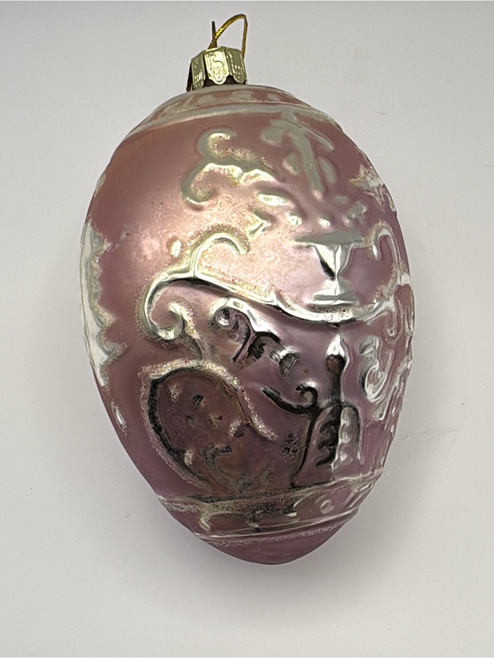 Vintage Pink Blown Glass Egg Ornament Silver Embossed Christmas Tree Decor